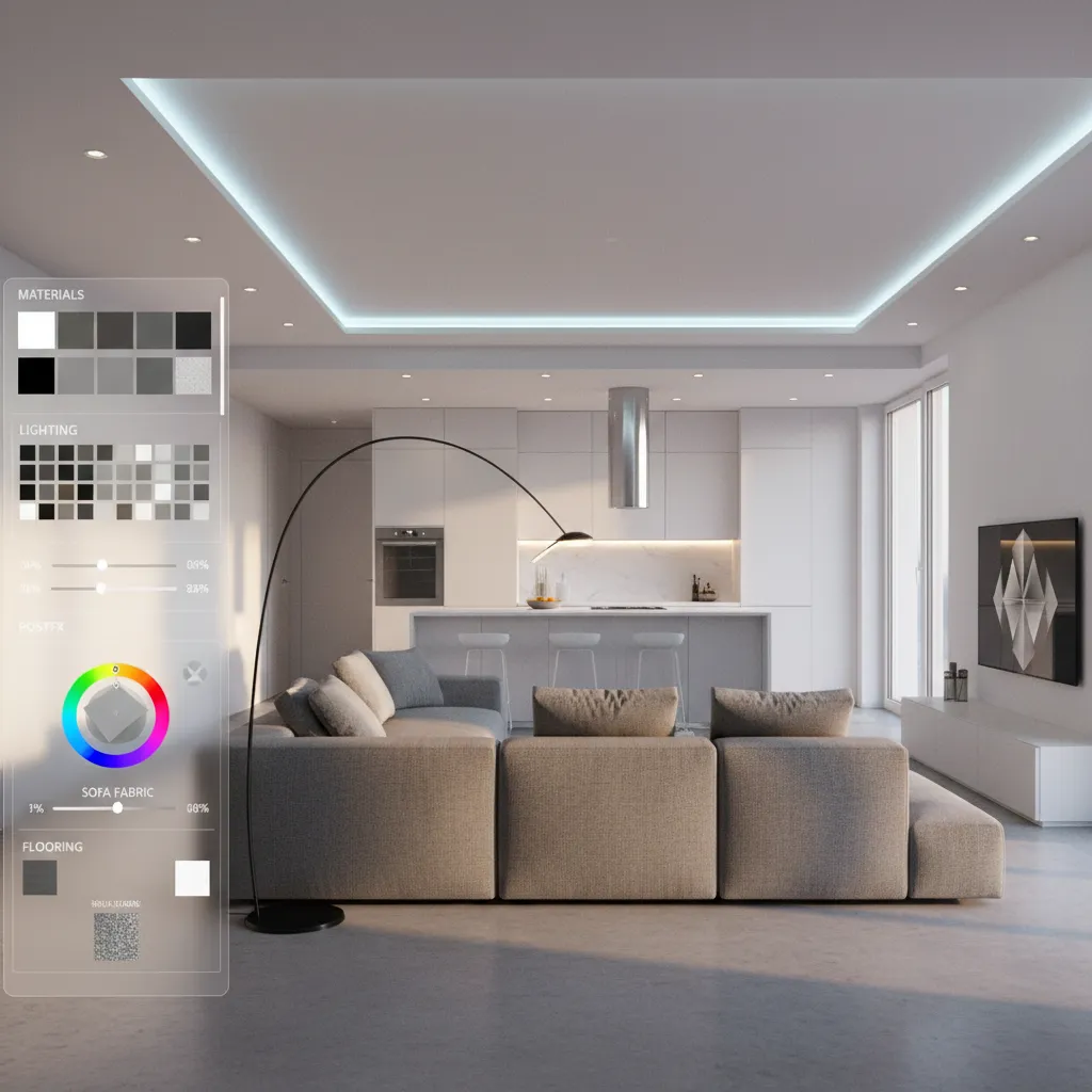 real time interior rendering preview showing lighting and furniture adjustments