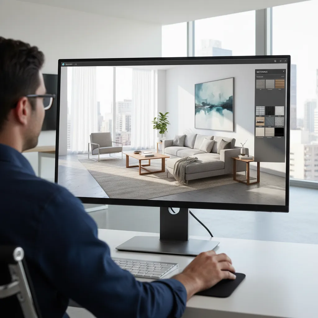 Real time interior rendering walkthrough displayed on large screen
