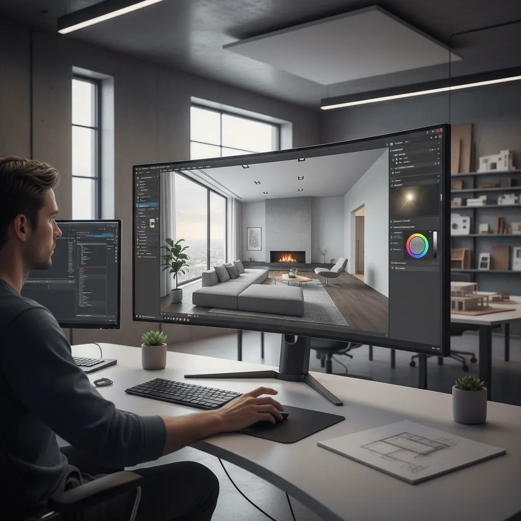 Designer adjusting lighting in real time interior rendering software interface