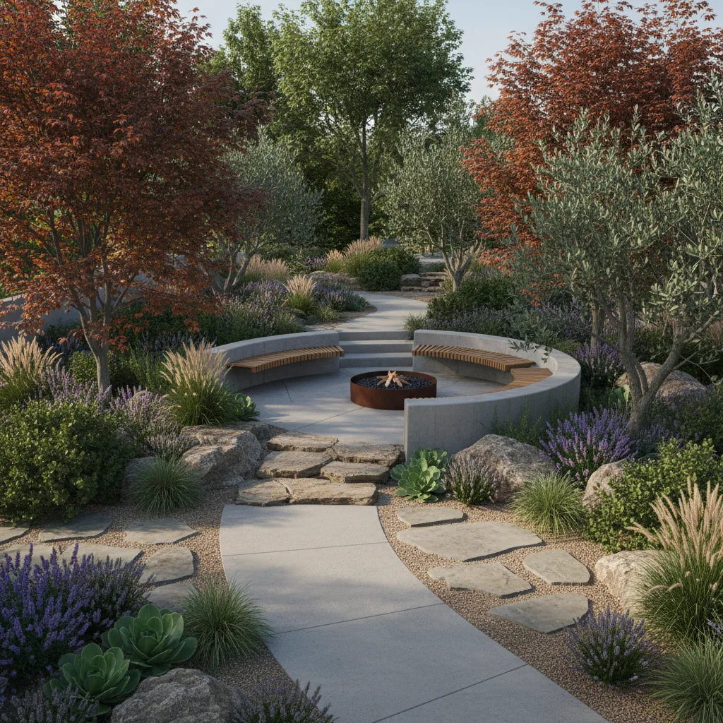 Real time landscape rendering preview showing trees pathways and outdoor lighting