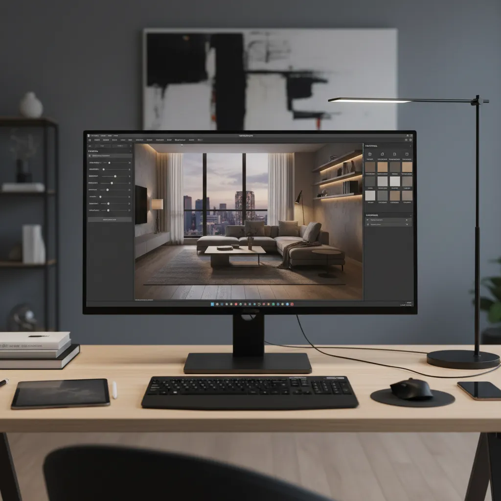 Real time 3D rendering software interface showing interactive interior design adjustments