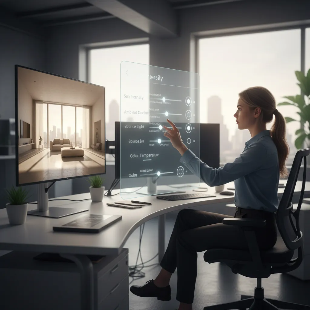 Designer adjusting lighting in real time 3D rendering software environment