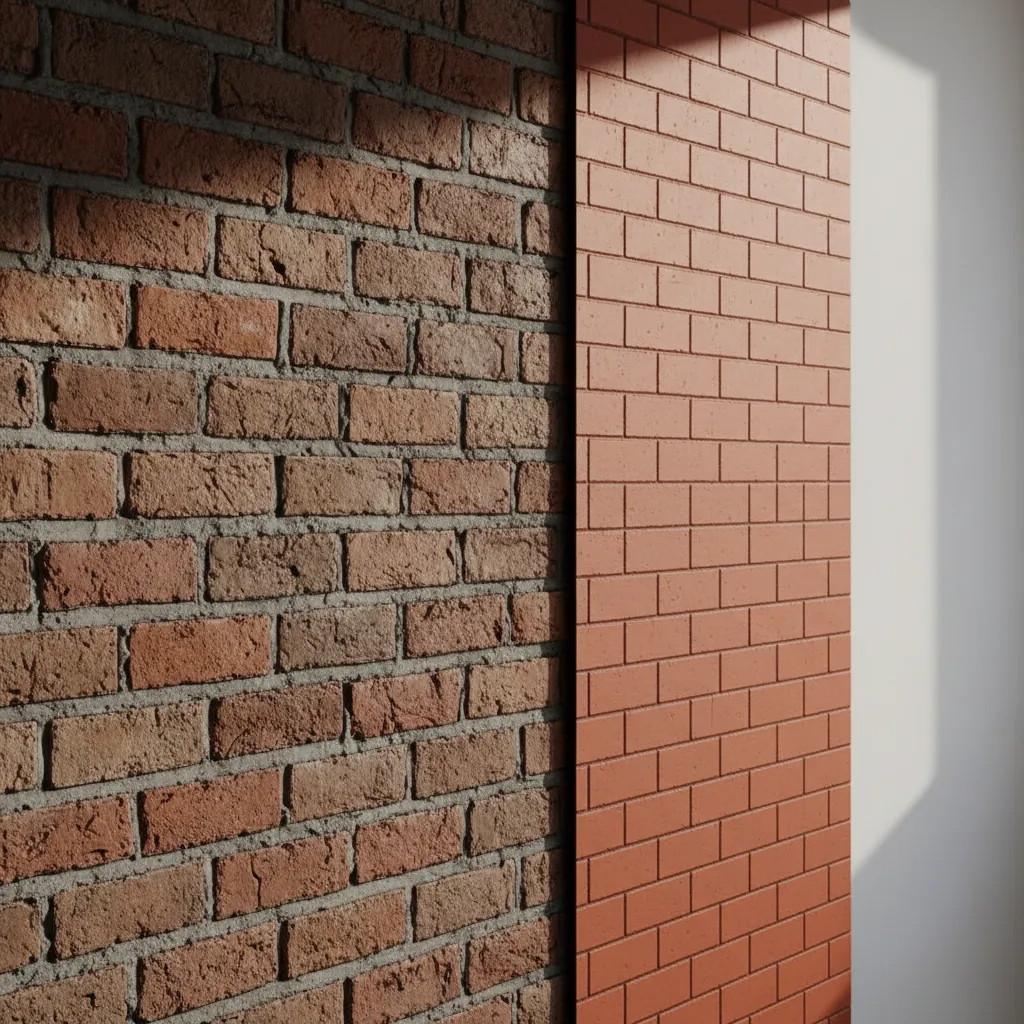 Close comparison of real brick texture versus faux brick panel surface