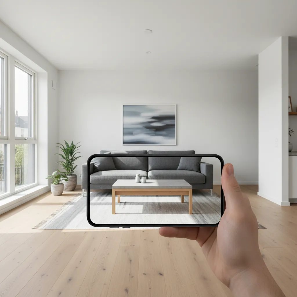 Hand holding phone showing augmented reality living room design with grey sofa and wooden table