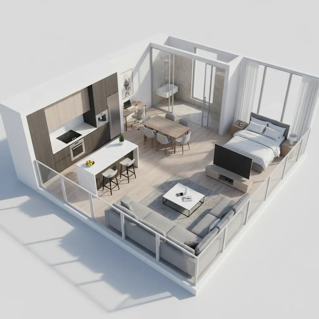 detailed 3D floor plan showing materials textures and interior furniture