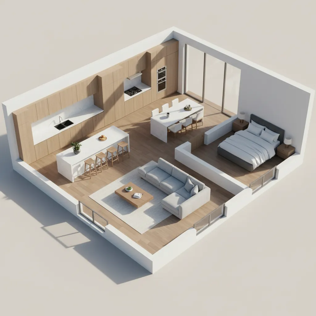 high quality realistic 3d rendered home floor plan with furniture and lighting
