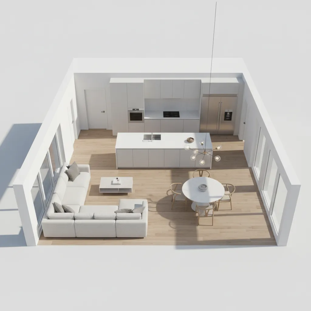 realistic 3D floor plan showing furnished living room kitchen layout