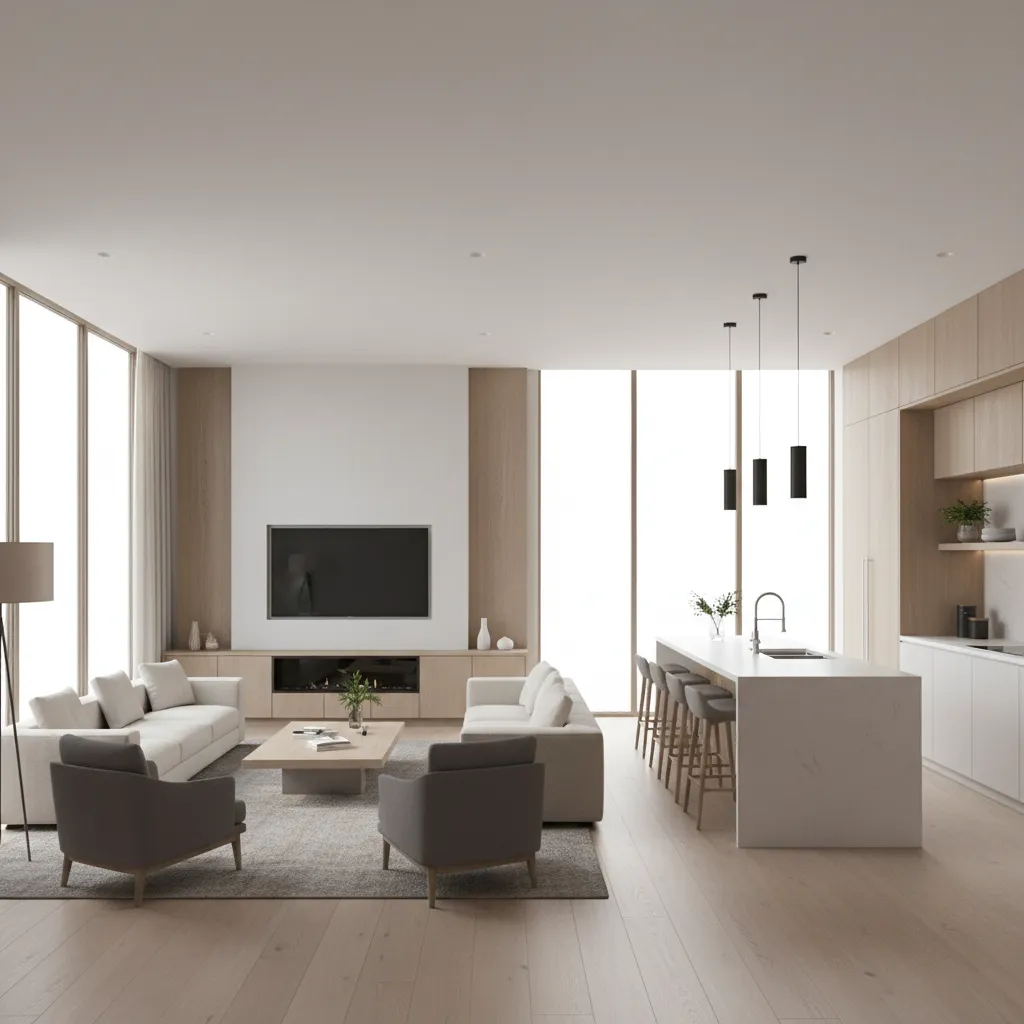 Modern open kitchen and living room with white sofas grey armchairs island stools and windows