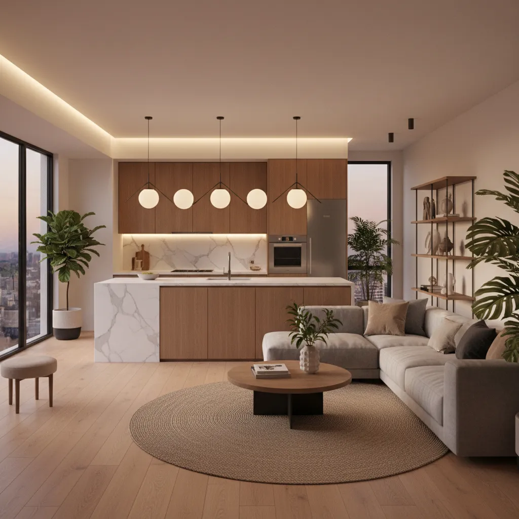 render 3D realista de una vivienda moderna con salón y cocina abierta
