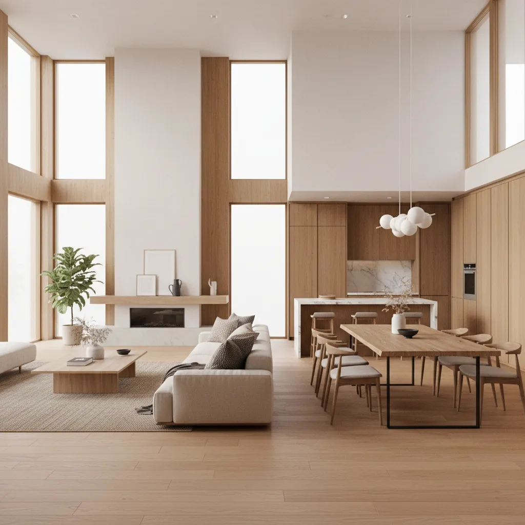 Open plan living room with high ceiling wood wall panels white sofa and kitchen view