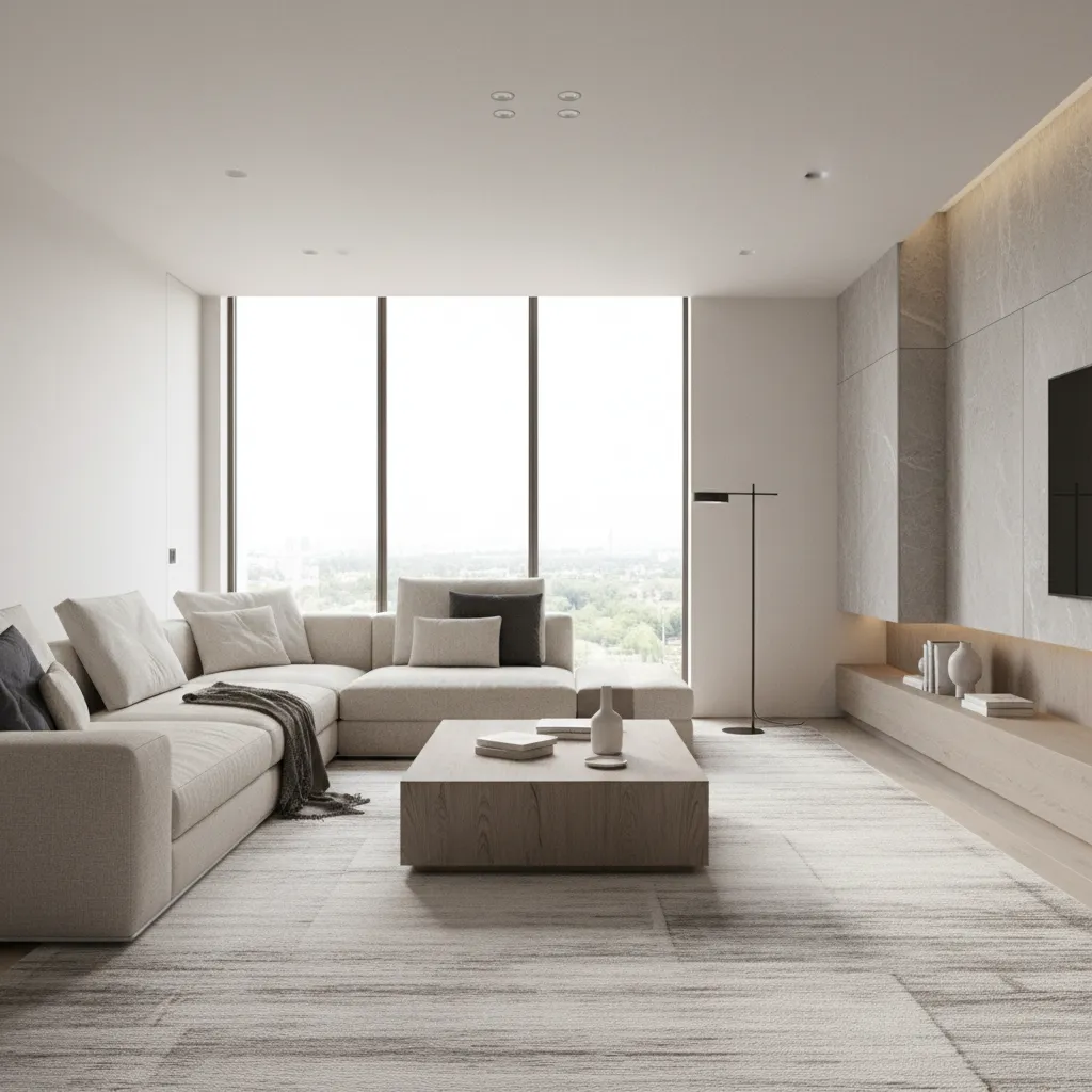 Minimalist living room featuring beige sofa wooden coffee table large windows and light grey textured rug