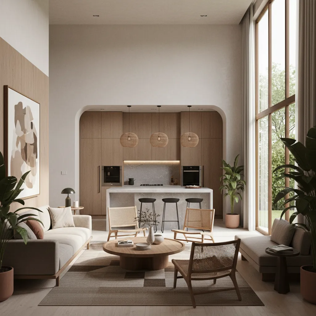 Modern open living room with beige sofa wooden coffee table woven chairs and kitchen island
