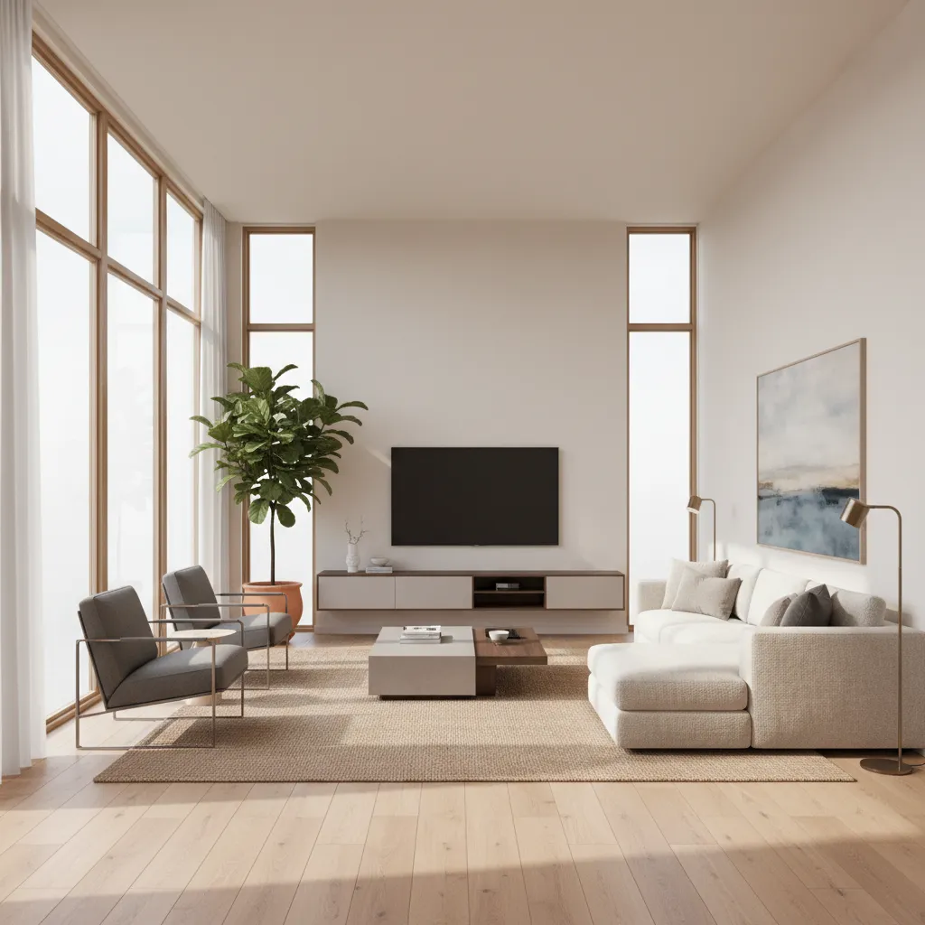 photorealistic 3D living room render with natural lighting