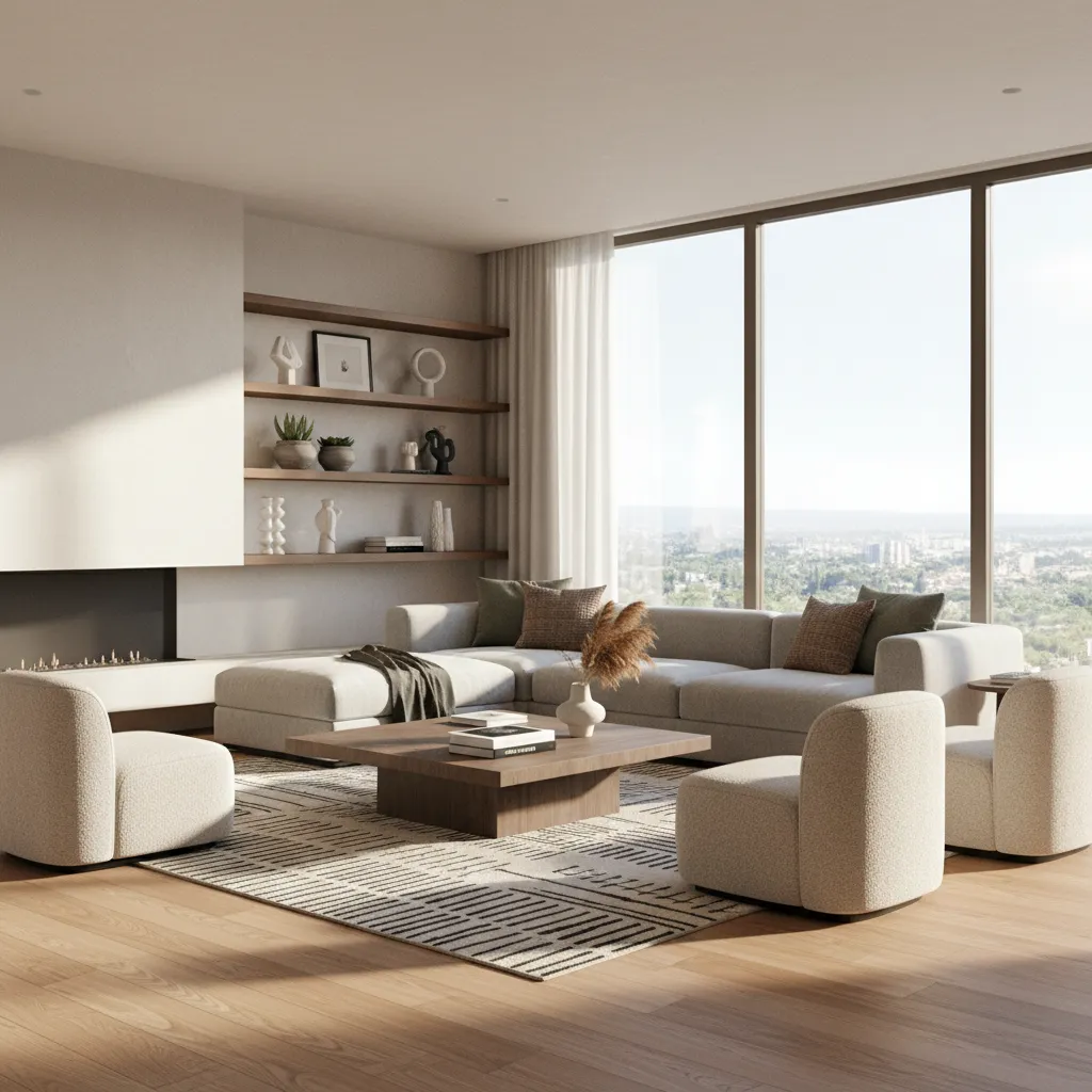 Modern living room showing beige sofa wood coffee table wall shelves fireplace and city view