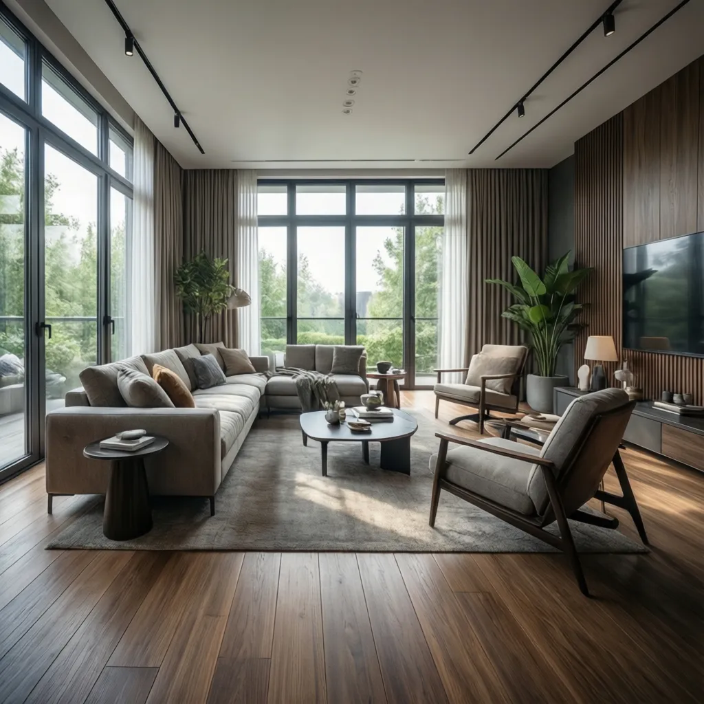 Render 3D realista de un salón moderno bien iluminado