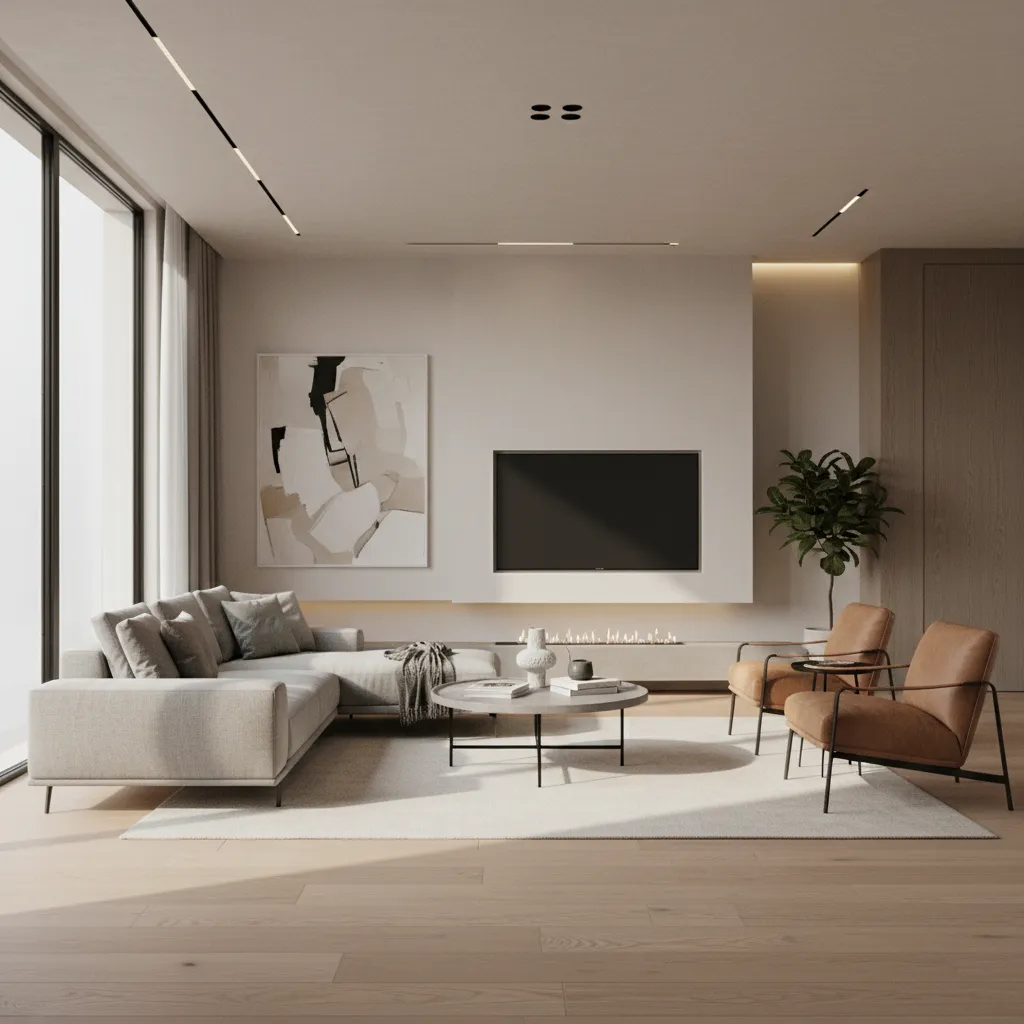 Render 3D realista de un salón moderno diseñado digitalmente