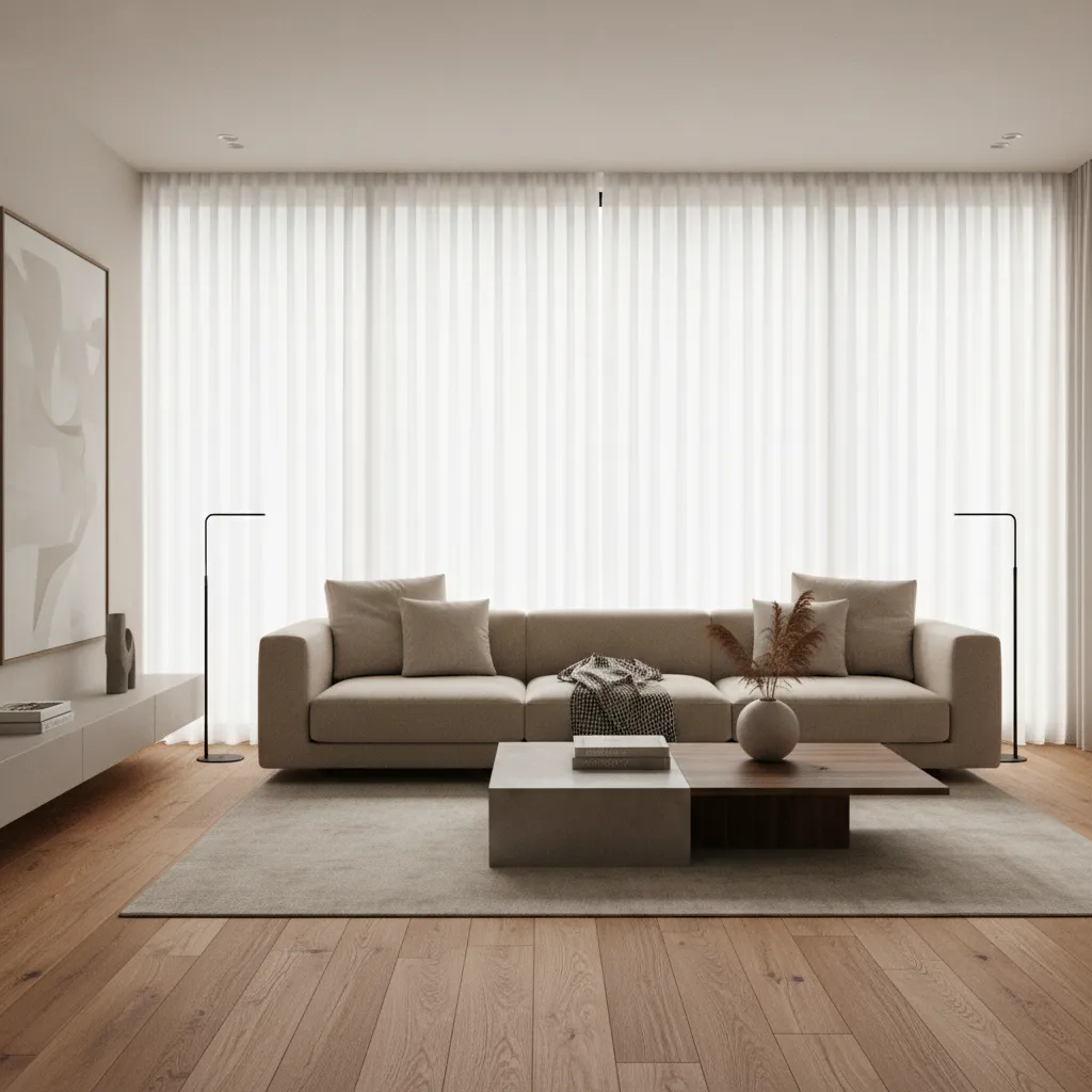 Render 3D realista de un salón moderno con iluminación natural