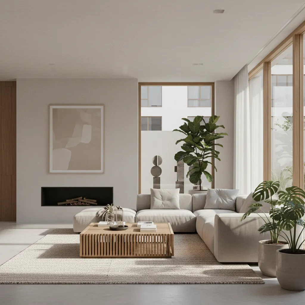 Modern living room with white sofa wooden coffee table green plants and a simple fireplace