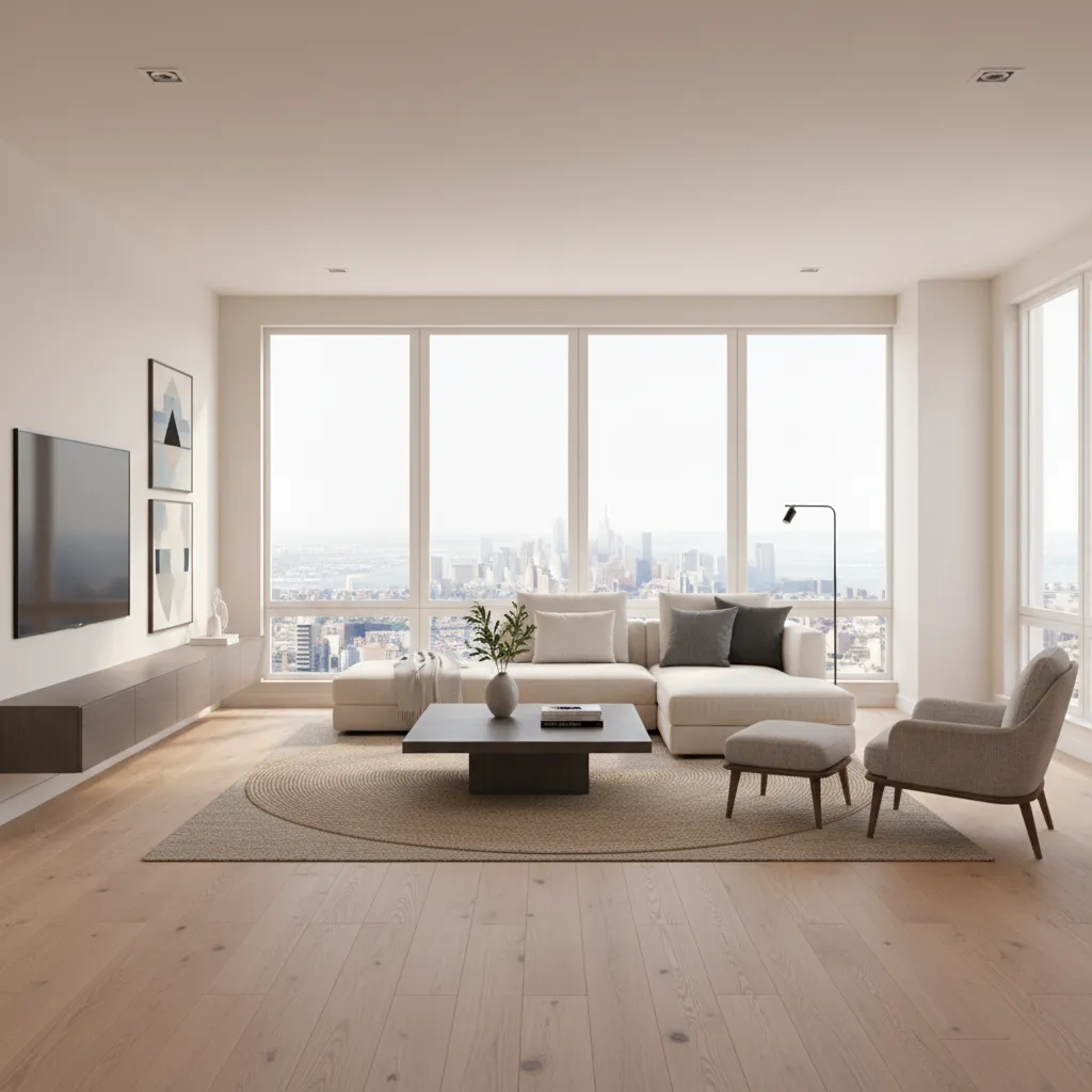 Renderizado realista de salón moderno antes de una reforma