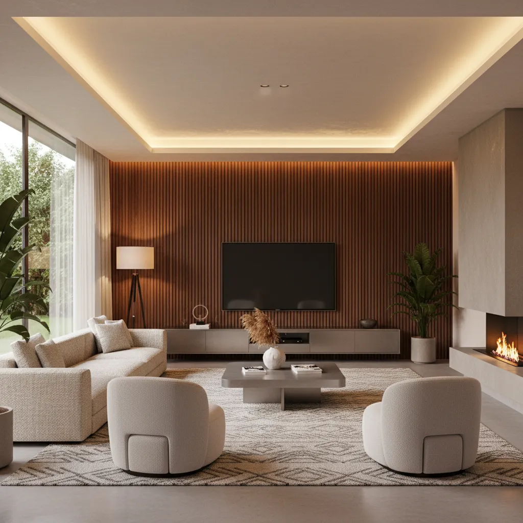 Render 3D realista de un salón contemporáneo