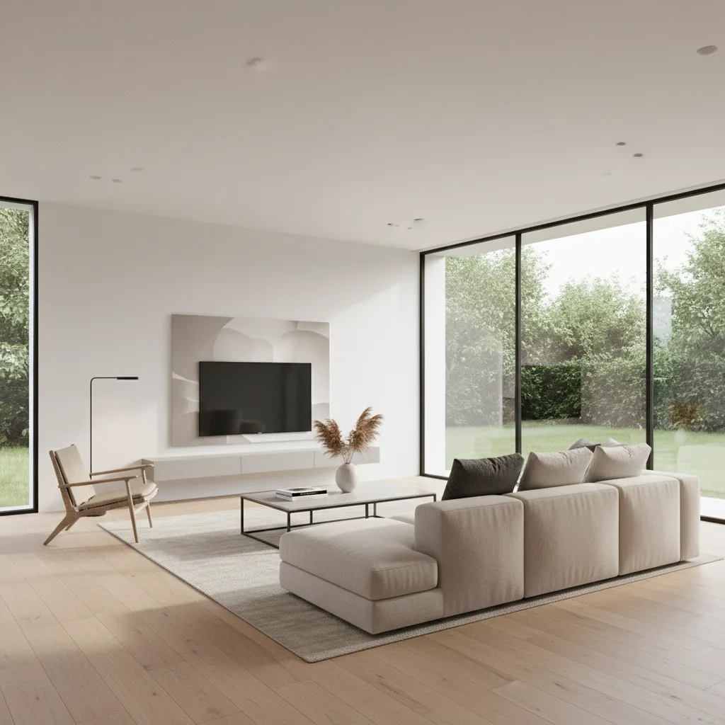 Renderizado 3D realista de un salón moderno con iluminación natural