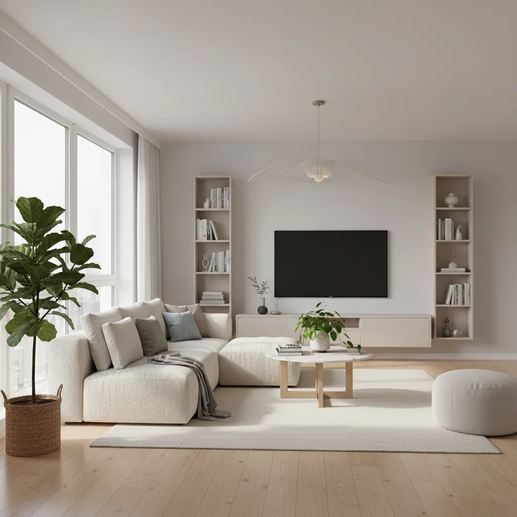Example of a realistic 3D interior render showing living room lighting and materials
