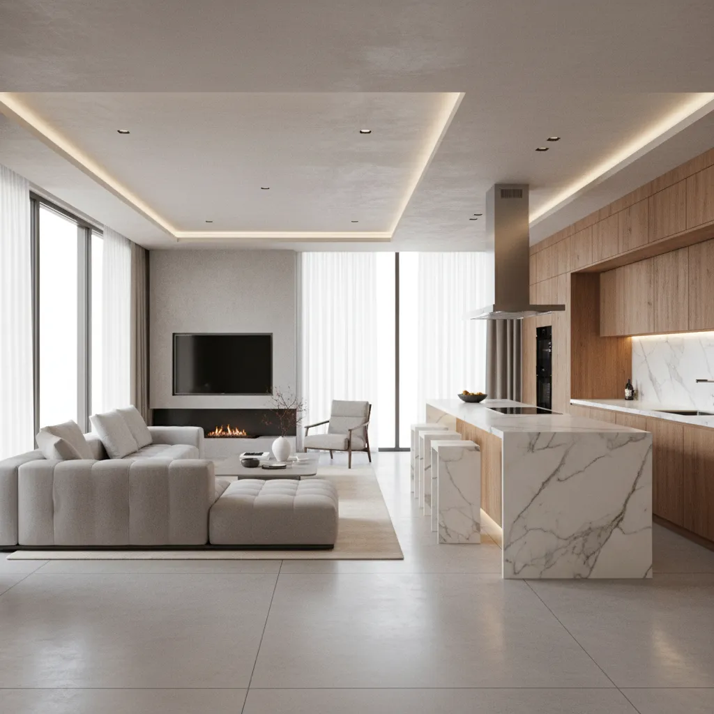 photorealistic 3D interior render of a modern apartment living space