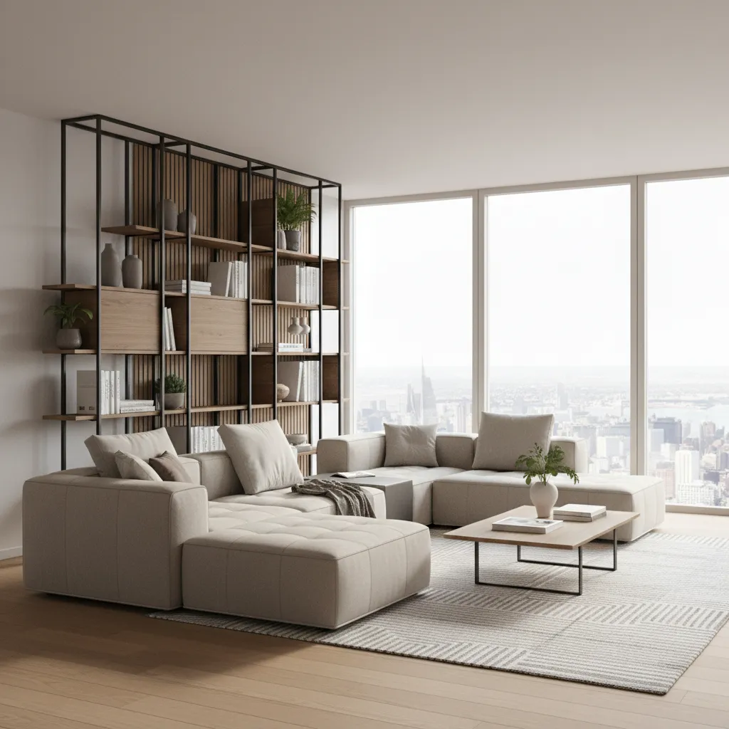 Modern living room featuring large beige sofa, wooden coffee table, wall shelving, and city views