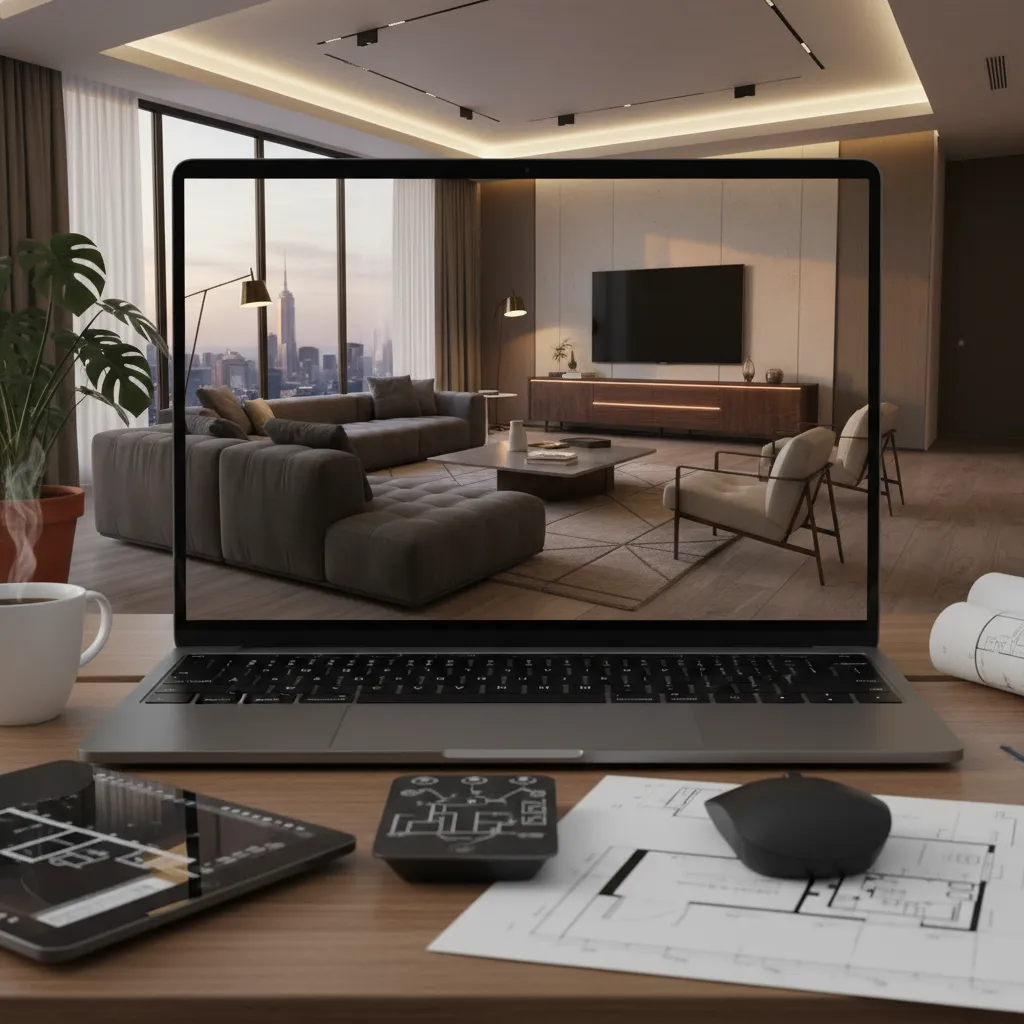 Laptop showing modern living room interior design drawing with floor plans on a wooden desk