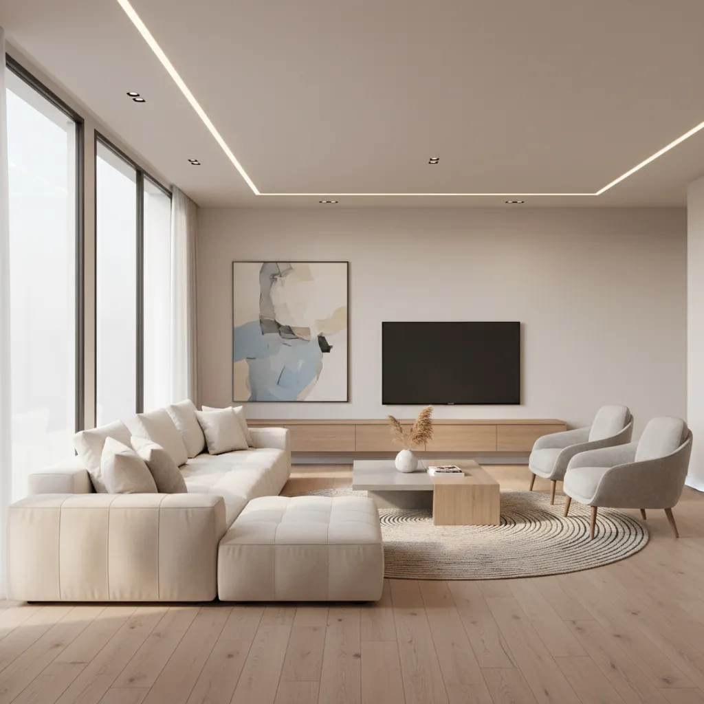 realistic 3D render of a modern living room used for design preview before purchasing furniture