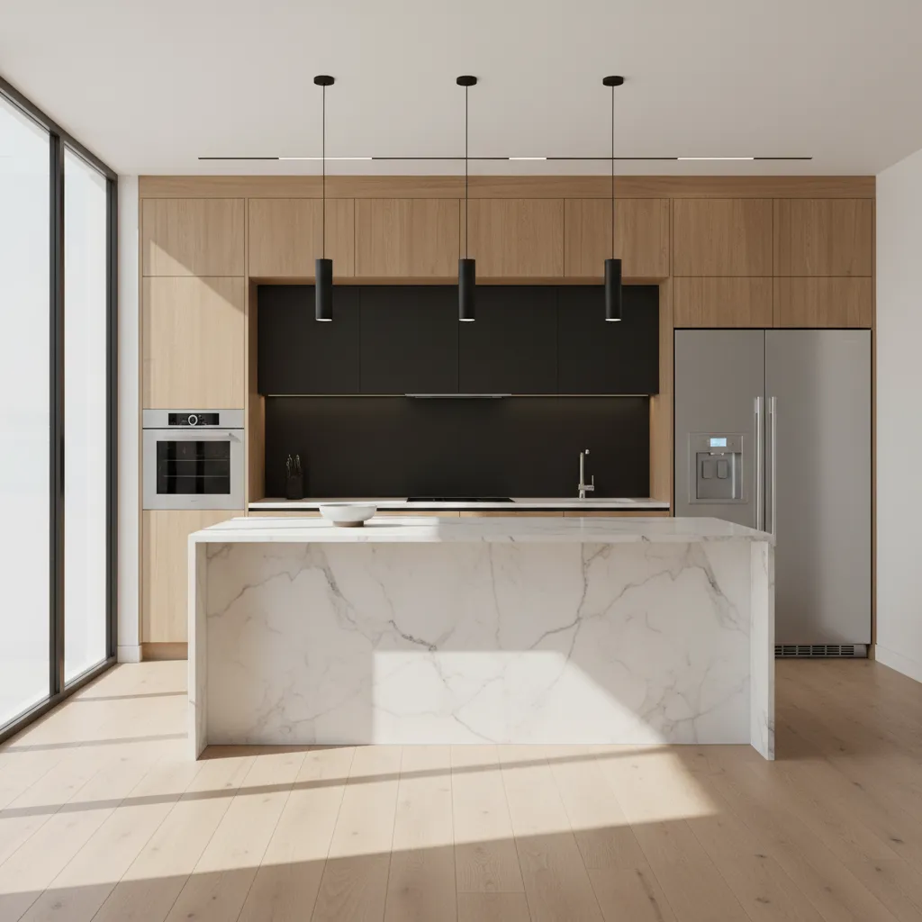 Photorealistic 3D render of modern kitchen created with design software