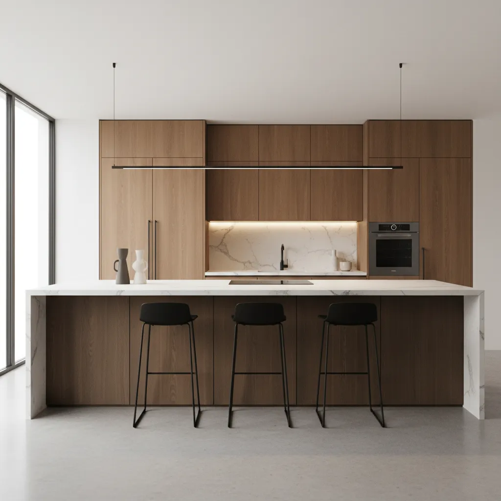 Photorealistic 3D render of a modern kitchen interior design