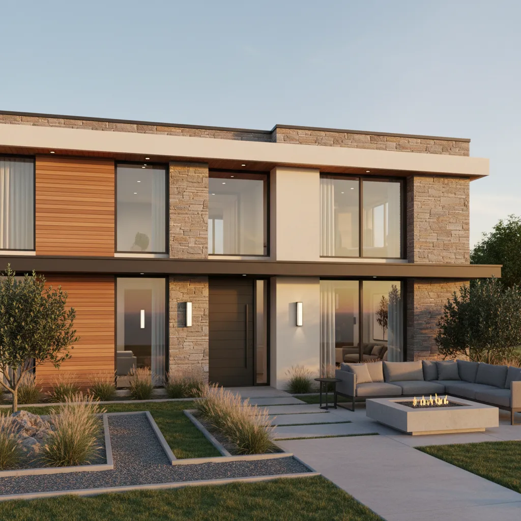Realistic 3D rendering of a balanced modern 2000 sq ft home exterior
