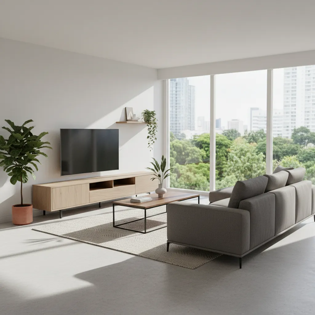 Realistic 3D interior walkthrough view of a modern living room layout