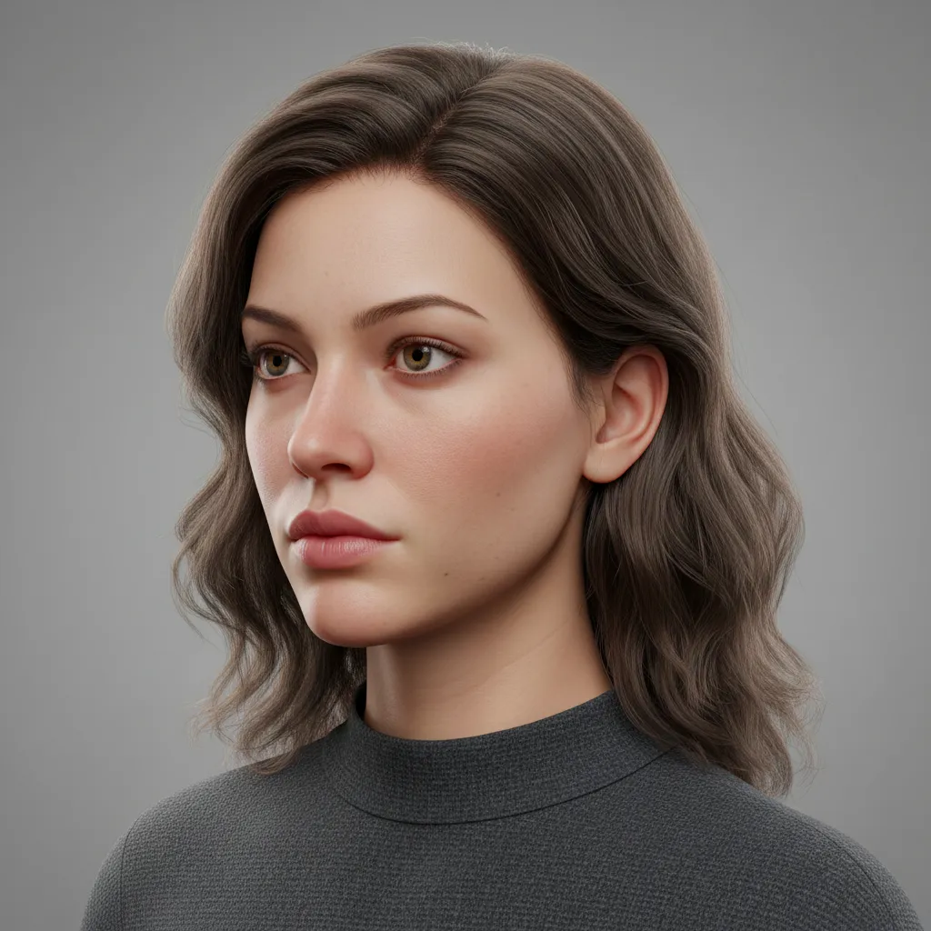Realistic female 3D character model rendered with studio lighting and detailed skin textures