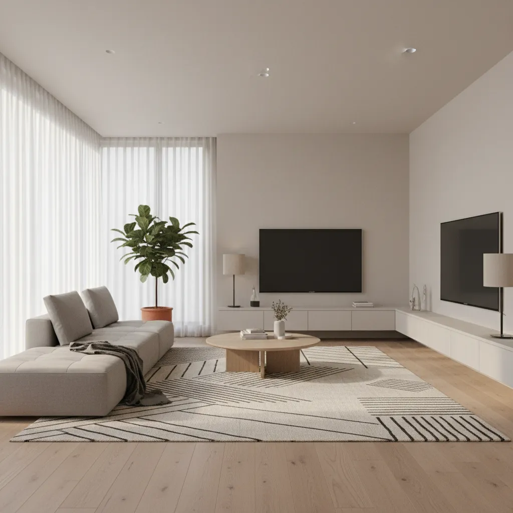 Render 3D realista de un salón moderno con iluminación natural