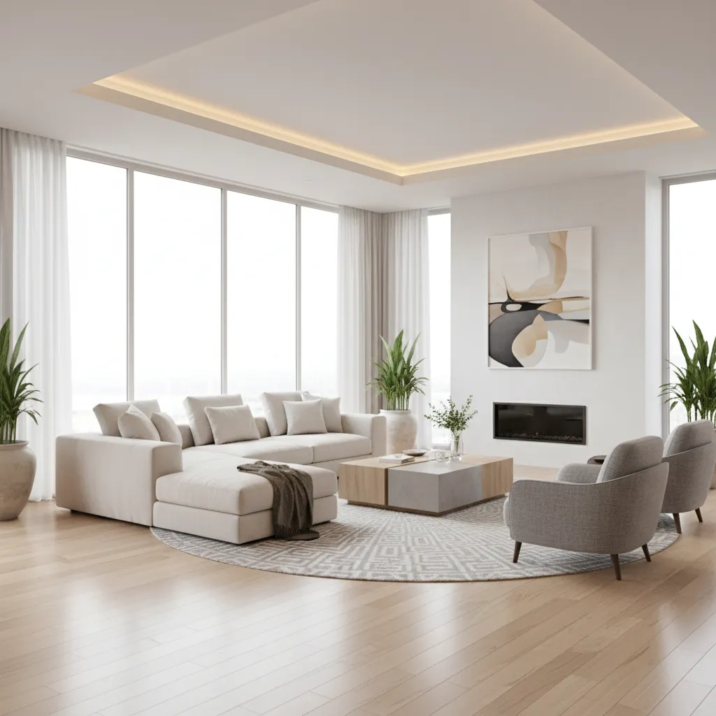 Render realista de salón moderno con iluminación natural