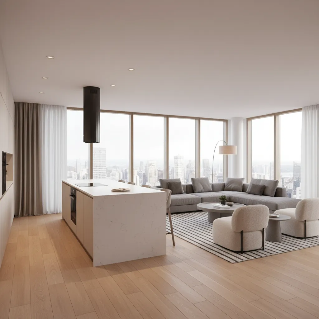 Render realista de un apartamento moderno con cocina y salón abiertos