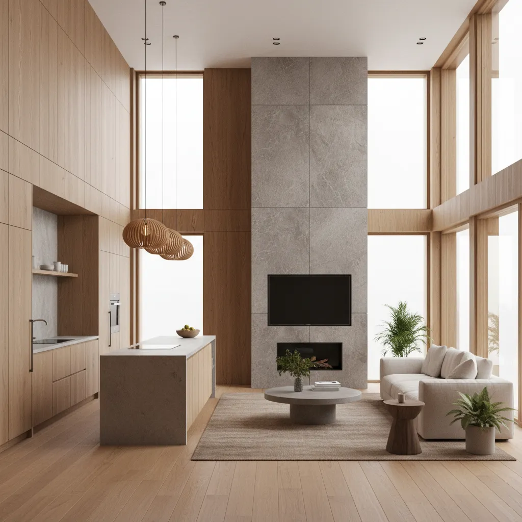 render 3D realista de un interior de vivienda con cocina y salón integrados