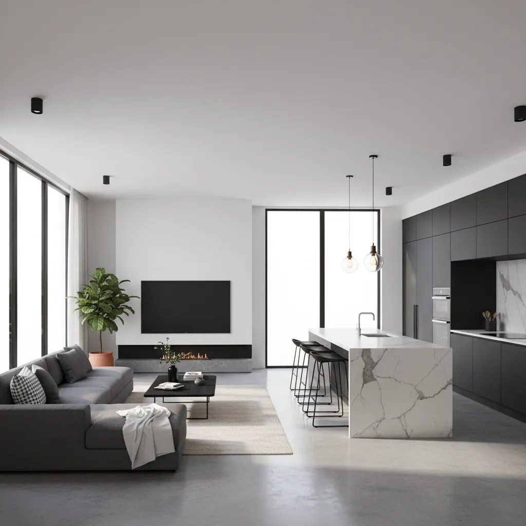 Open plan kitchen and living room with grey sofa marble kitchen island and black cabinets