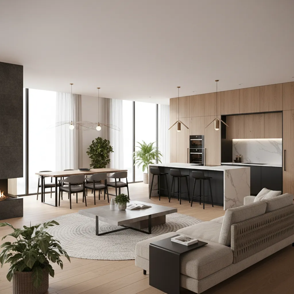 High quality 3D render preview of a modern open living space