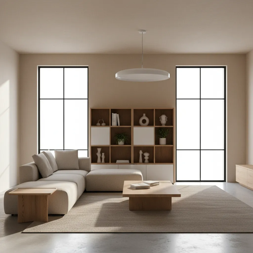 Render 3D realista de un salón moderno diseñado profesionalmente
