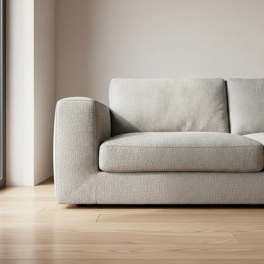 close view of sofa fabric wood floor and wall materials in interior 3D render