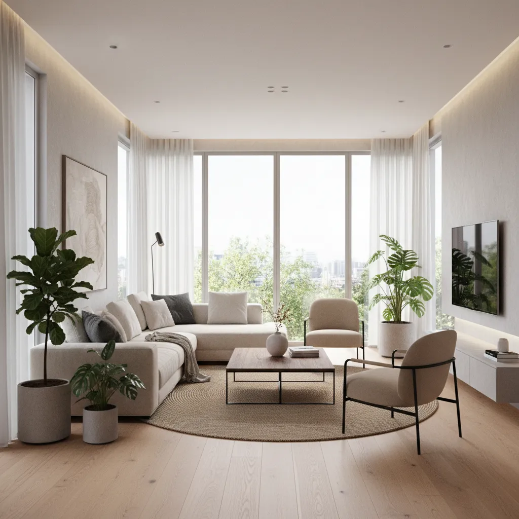 Render 3D realista de un salón moderno con iluminación natural