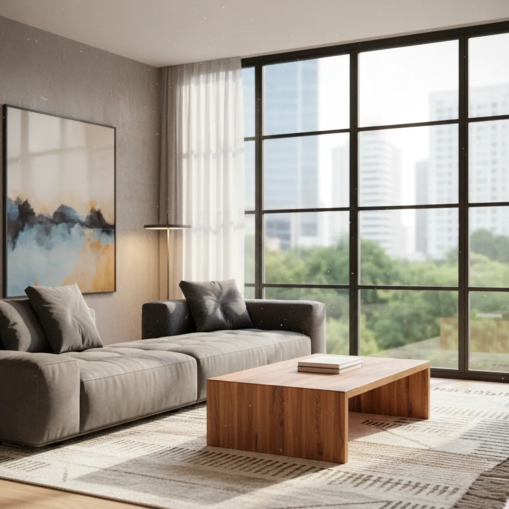 Living room with grey sofa wooden coffee table large windows showing green trees and views