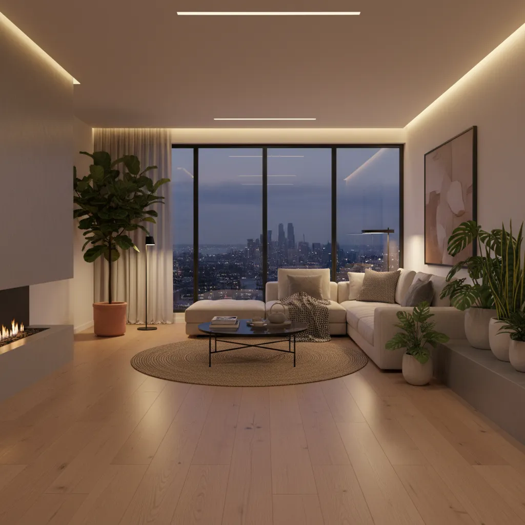 Modern night living room with fireplace white sofa floor plants round rug and city view