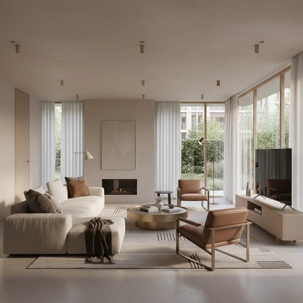 Render 3D realista de una sala moderna diseñada por un interiorista