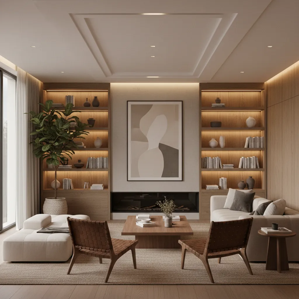 Render realista de un salón moderno diseñado por interiorista