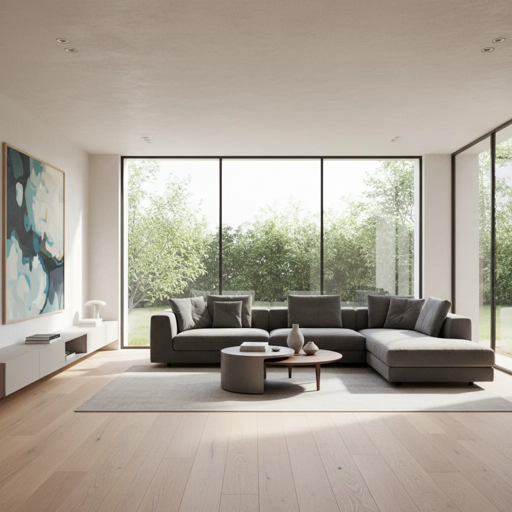 Modern living room with grey sofa wooden floor large windows and view of green trees