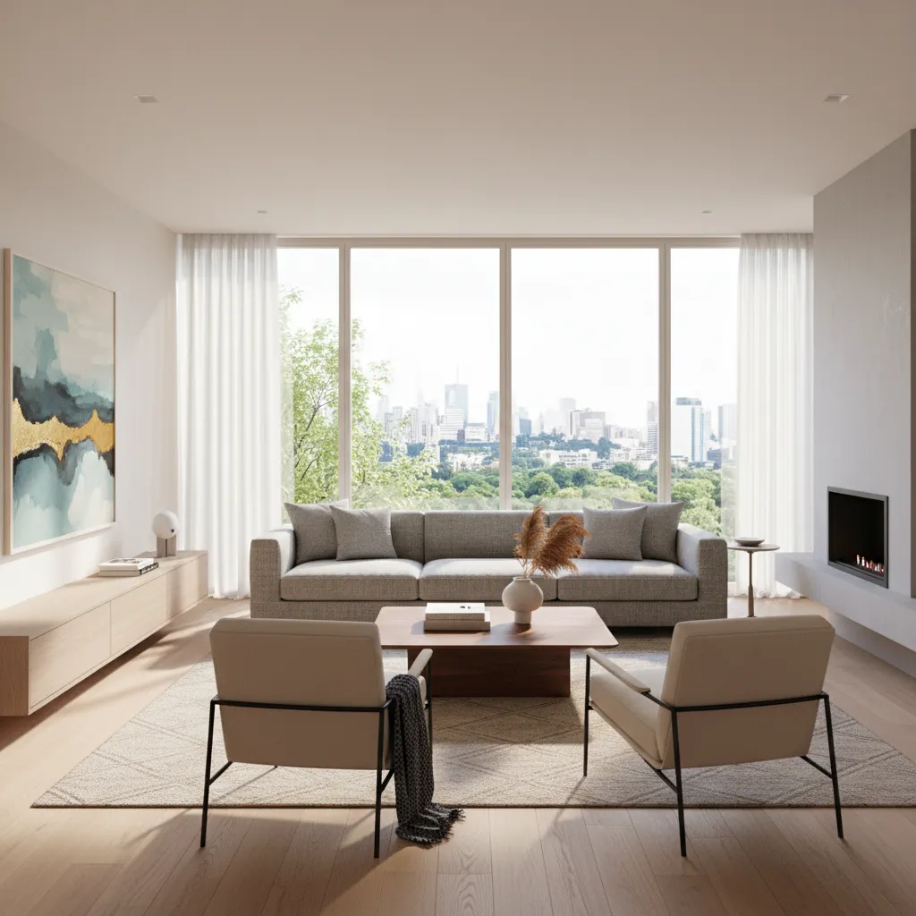 Render realista de un salón moderno con iluminación natural